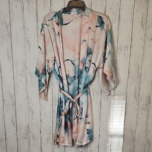 Silky Watercolor Print Robe - Blush & Teal